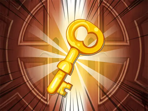 Chave dourada brilhante em destaque, com portas de madeira ao fundo sendo abertas por um feixe de luz, indicando a resolução de um desafio de sala de escape.